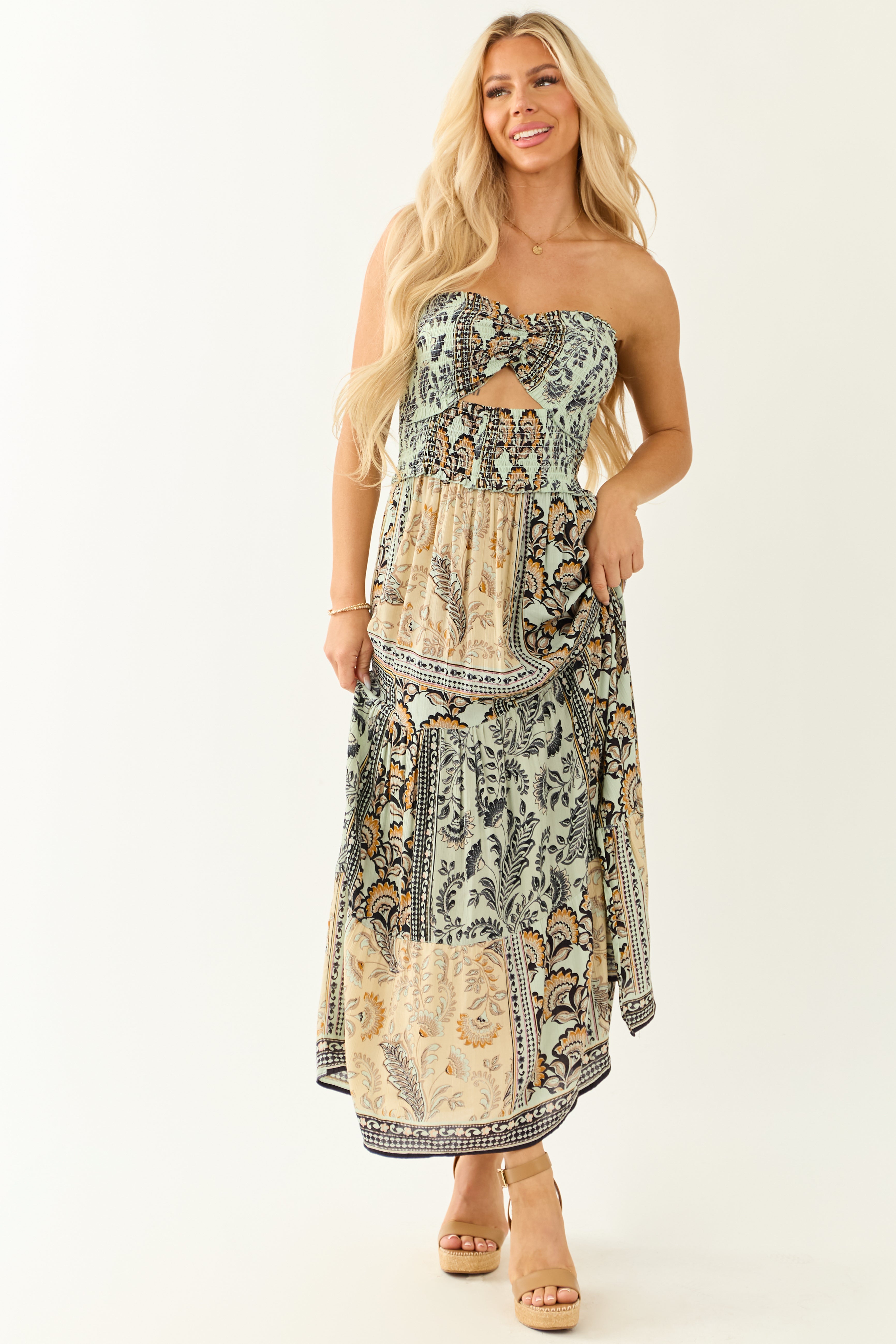 Almond Abstract Print Strapless Smocked Maxi Dress