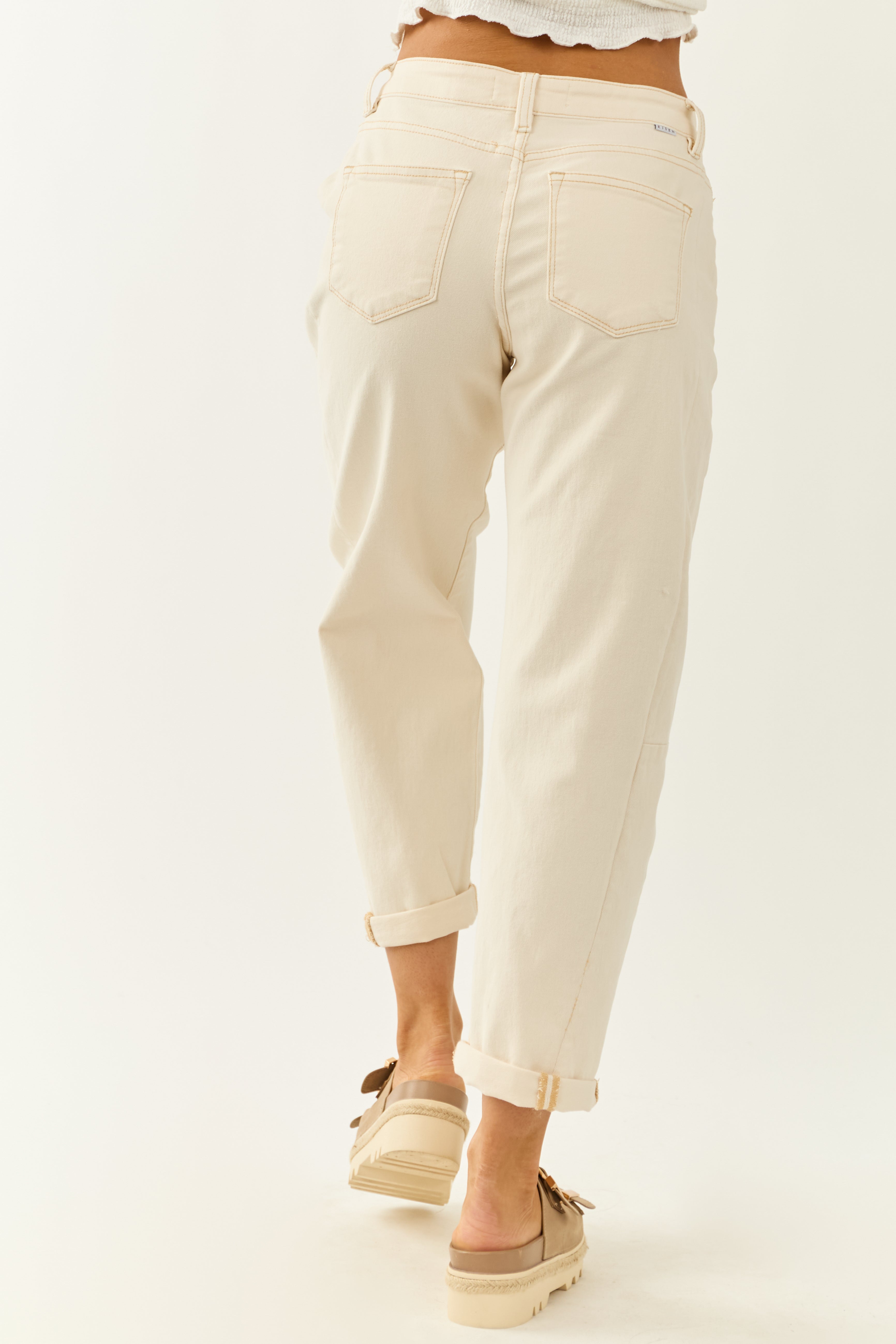 Risen Ivory High Rise Cuffed Stretchy Barrel Jeans