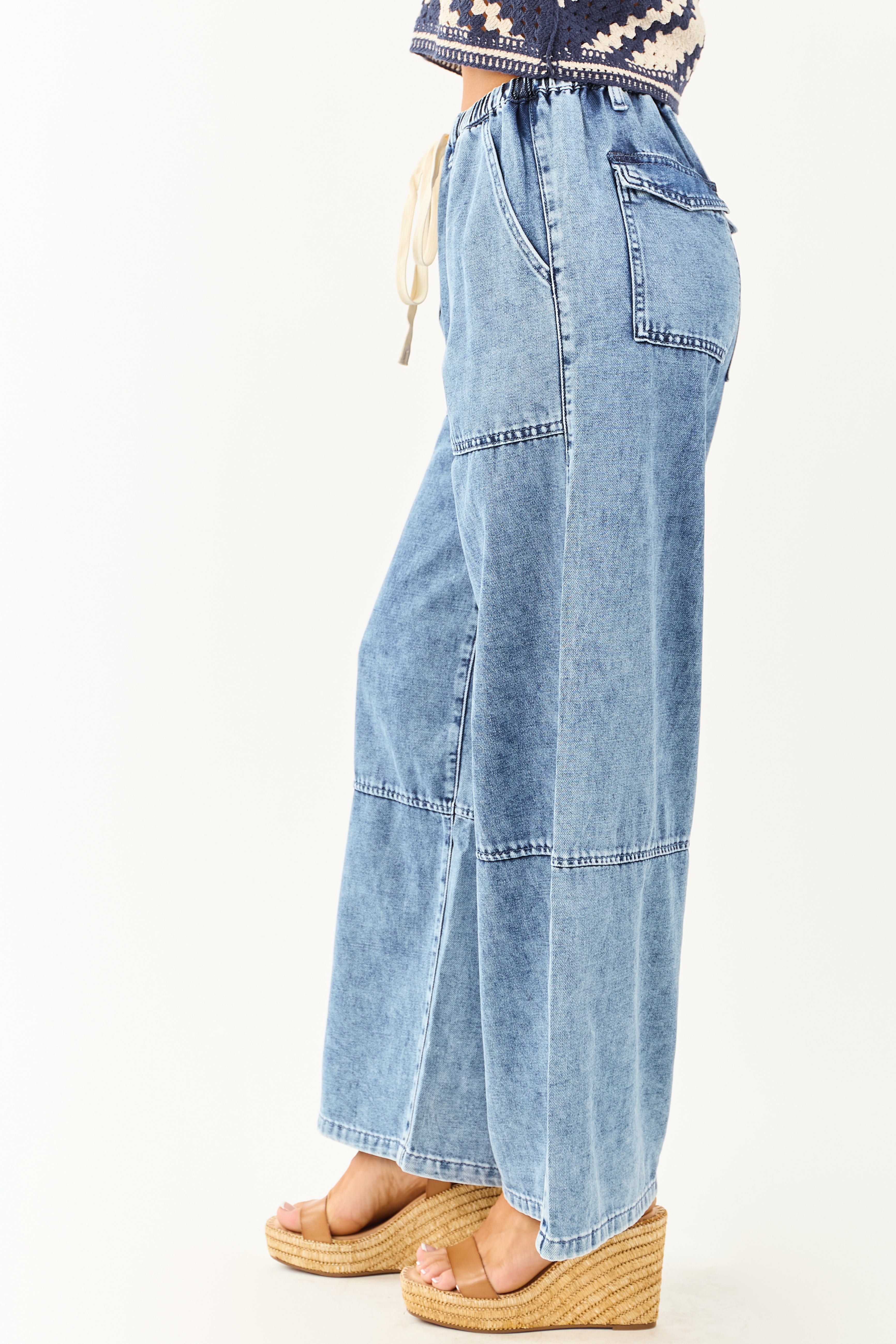 Listicle Medium Wash Wide Leg Drawstring Denim Pants