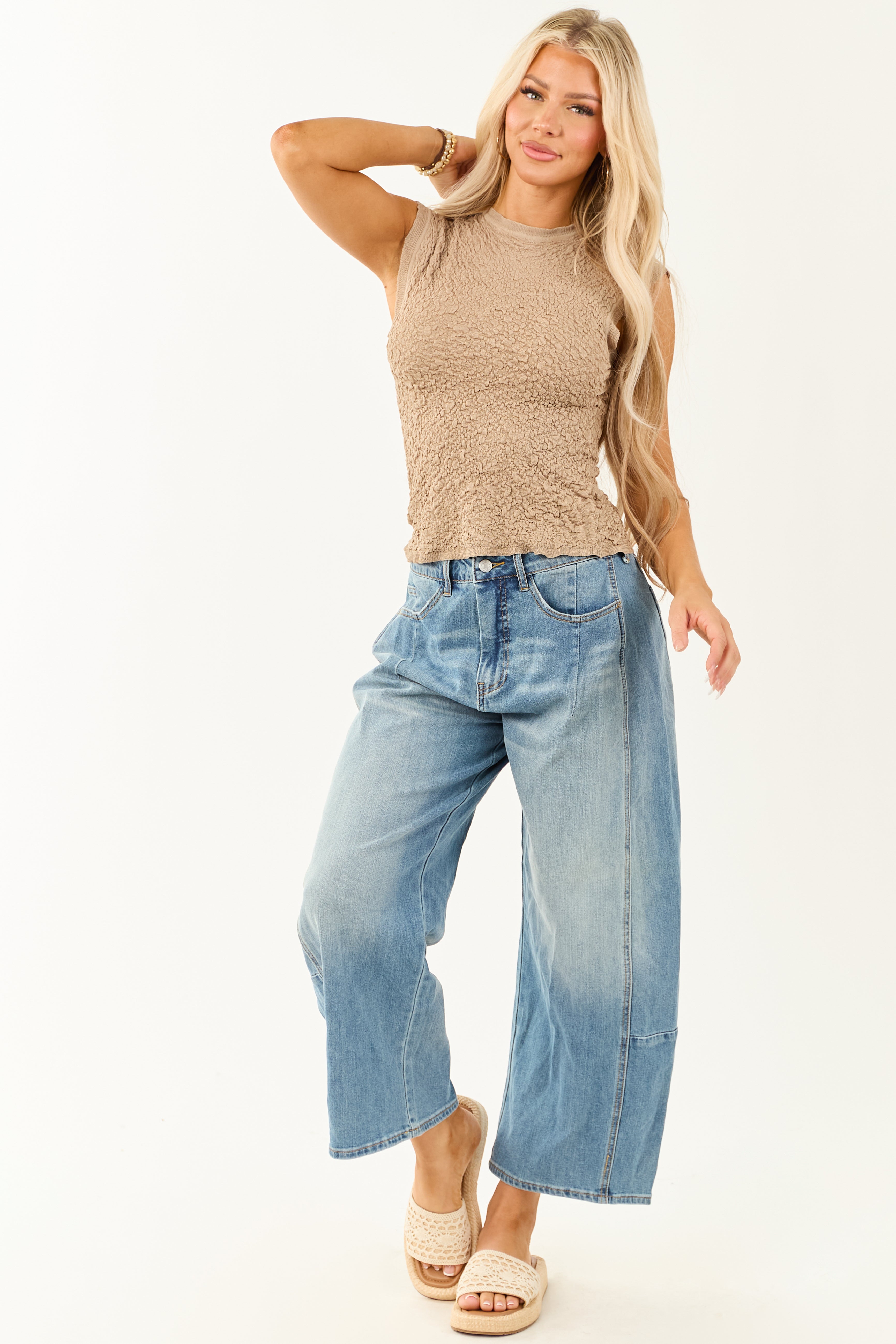 Khaki Crinkle Texture High Neck Stretchy Tank Top