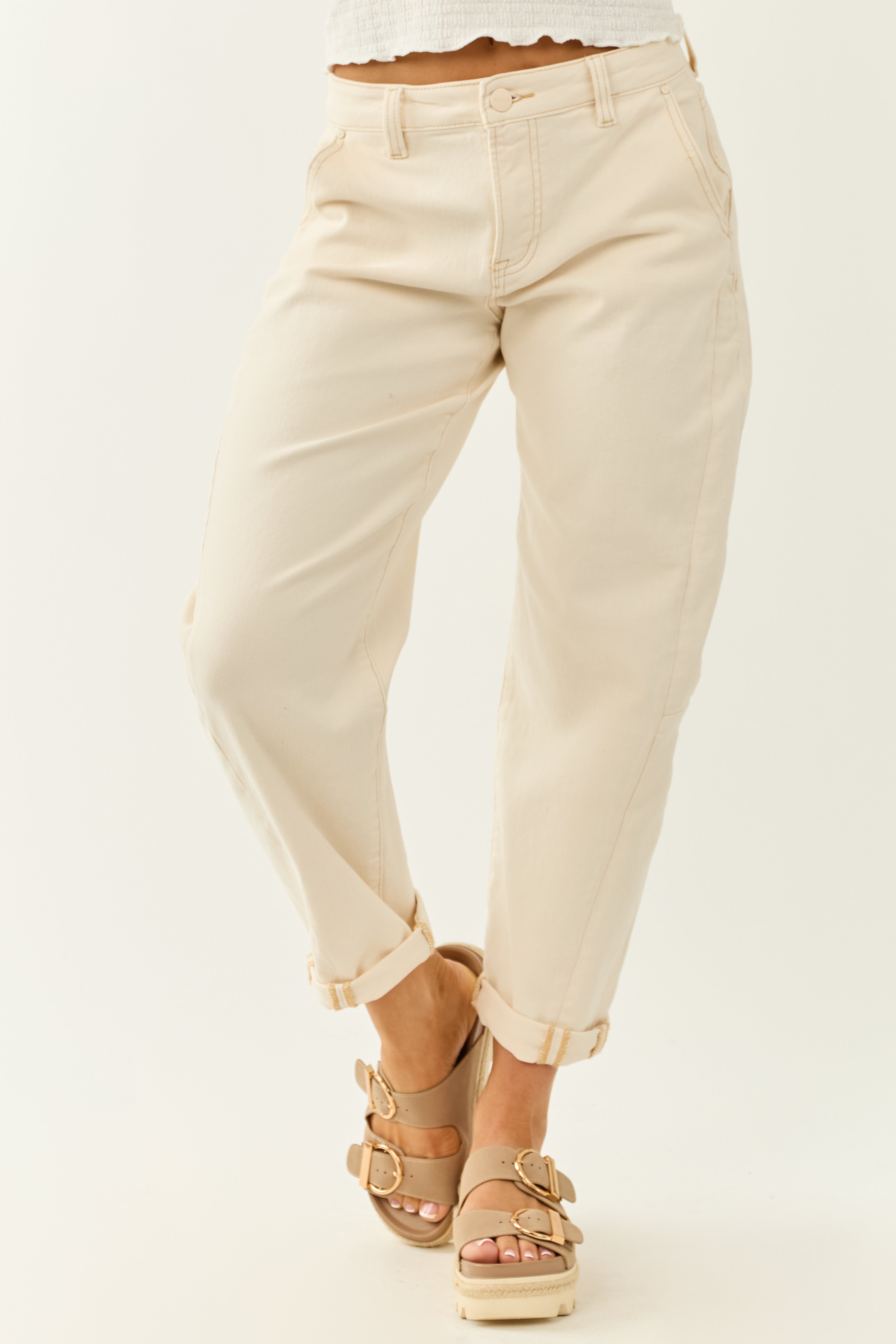 Risen Ivory High Rise Cuffed Stretchy Barrel Jeans