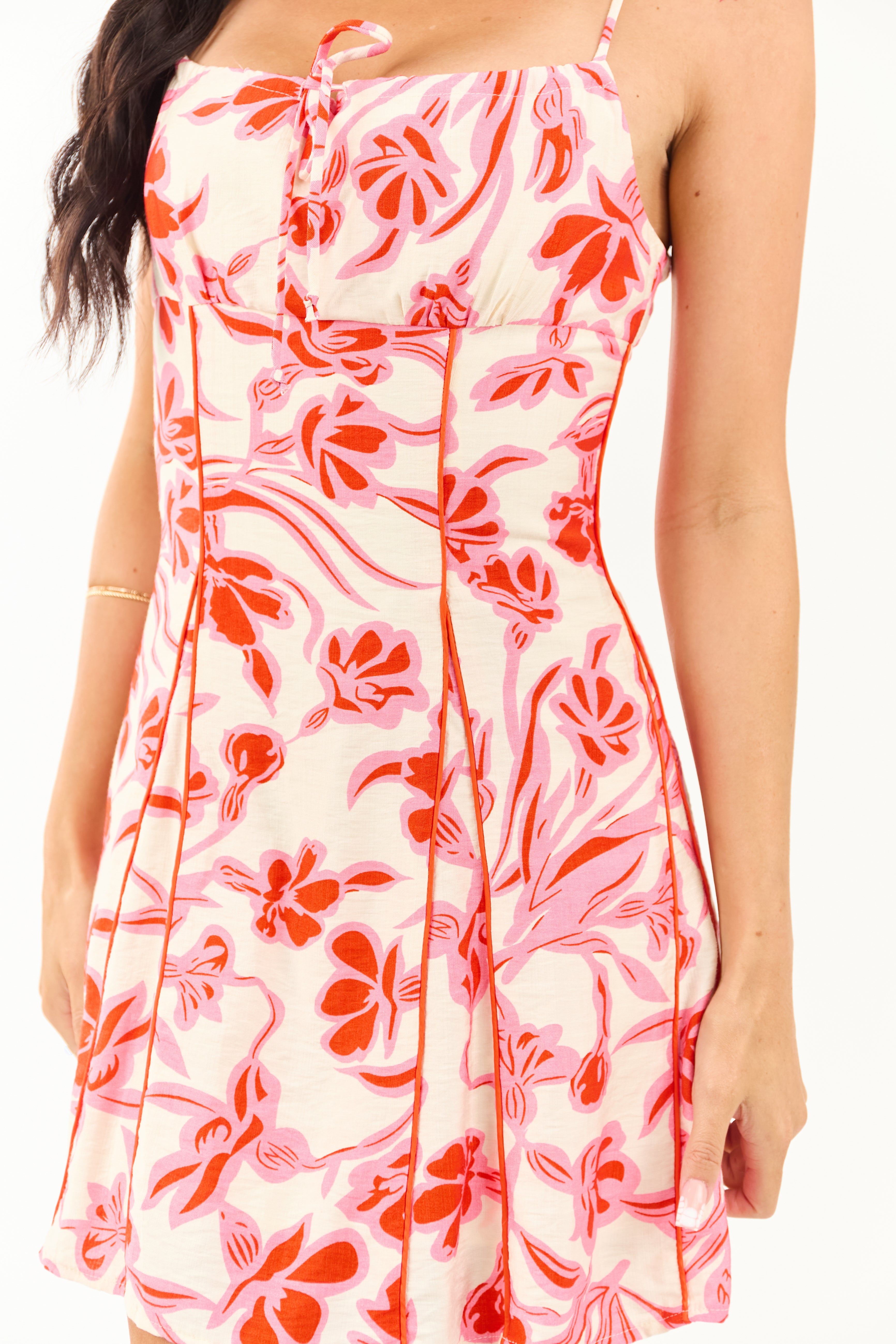 Champagne Floral Print Contrast Seam Mini Dress