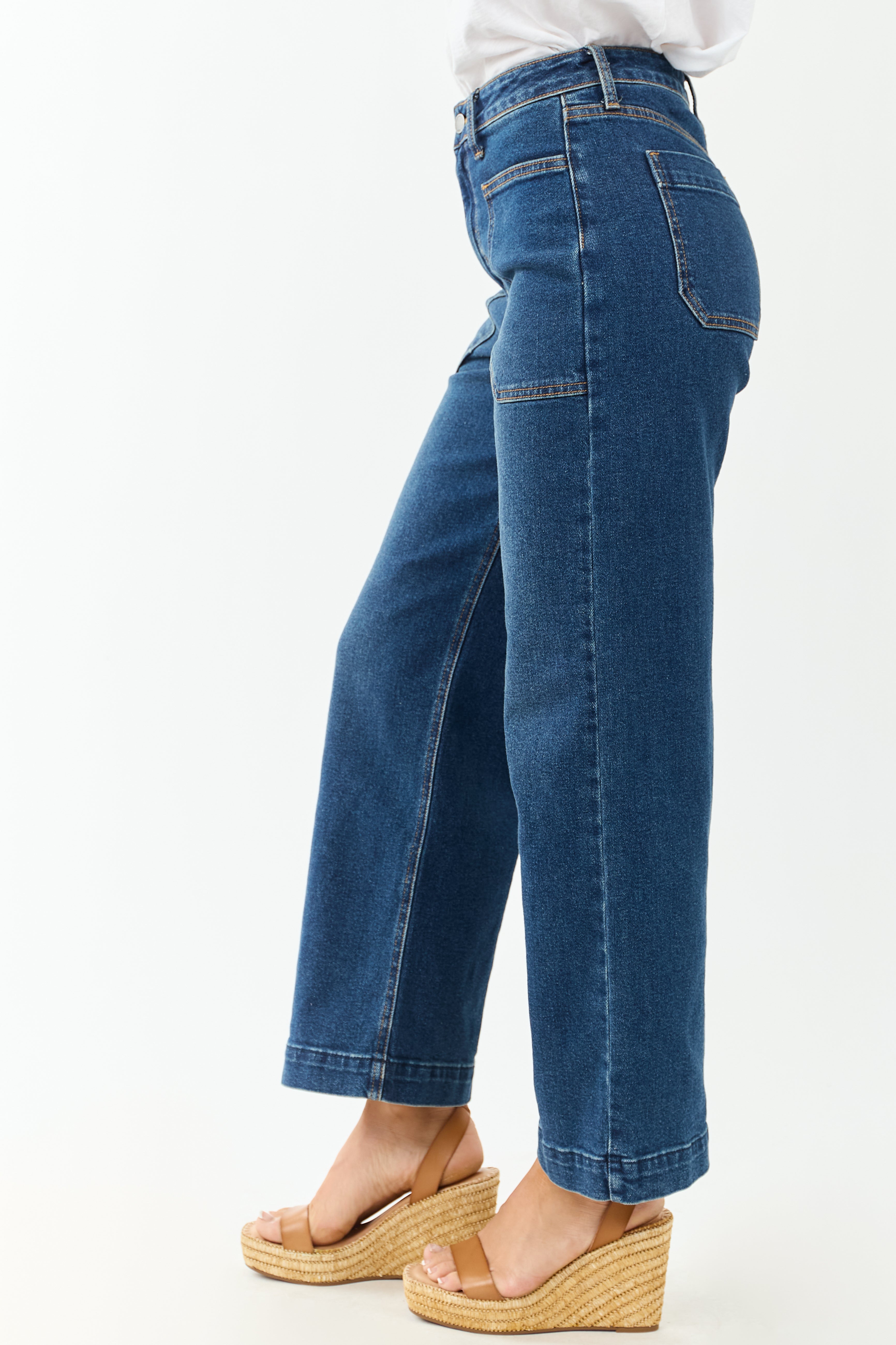 Dark Wash Stretchy Wide Leg Utility Jeans
