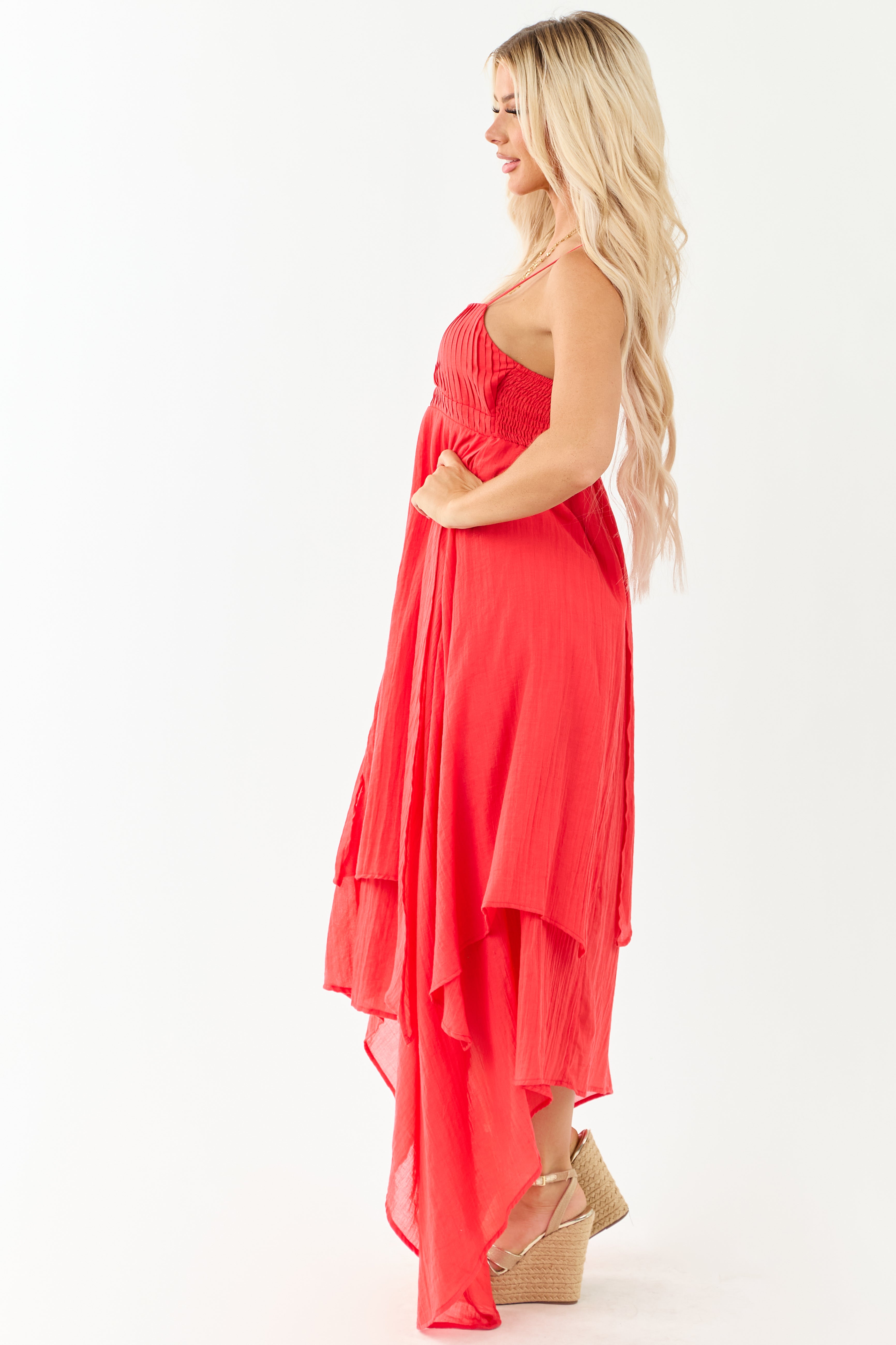 Poppy Red Layered Handkerchief Hem Maxi Dress