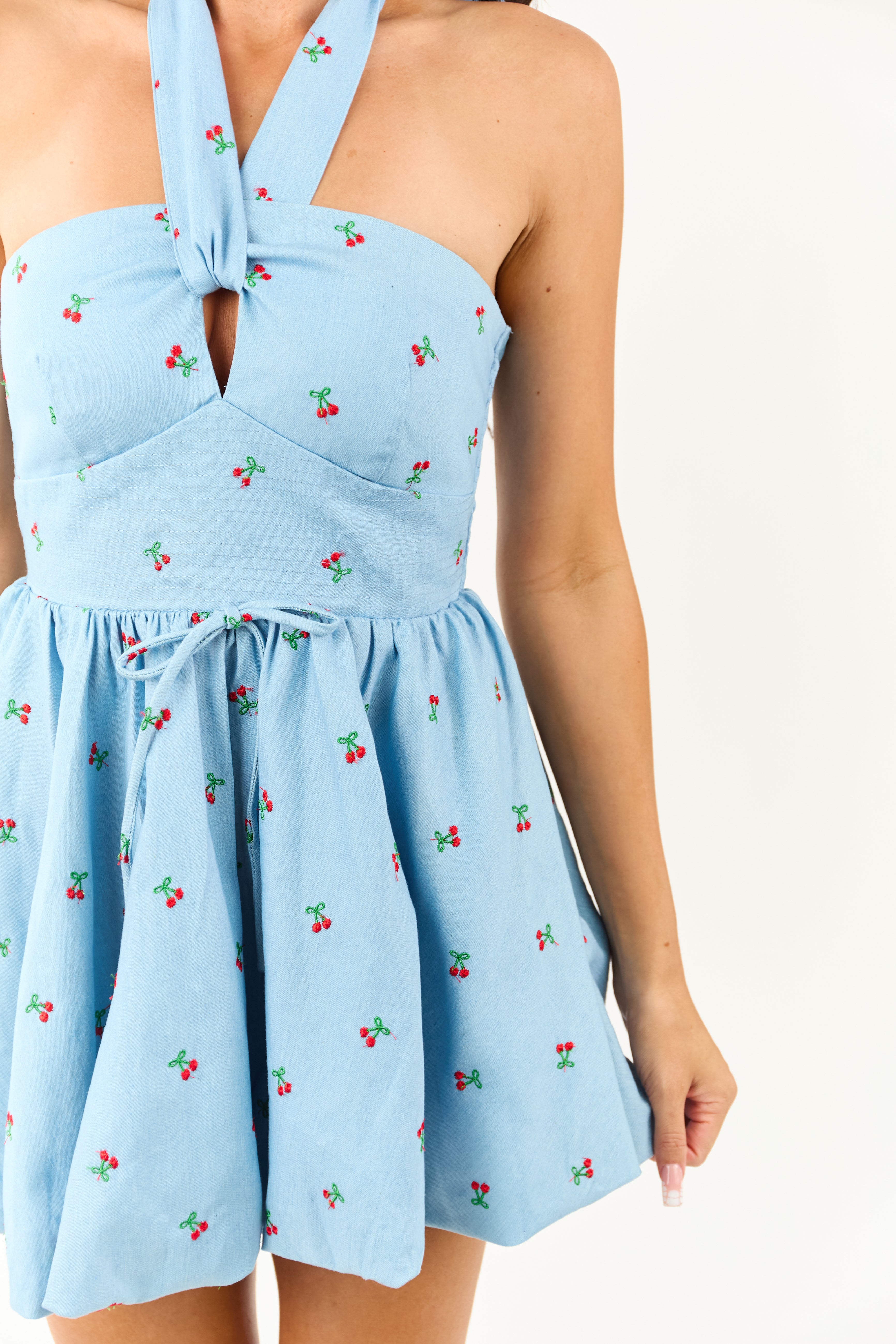 Light Wash Chambray Cherry Embroidered Mini Dress