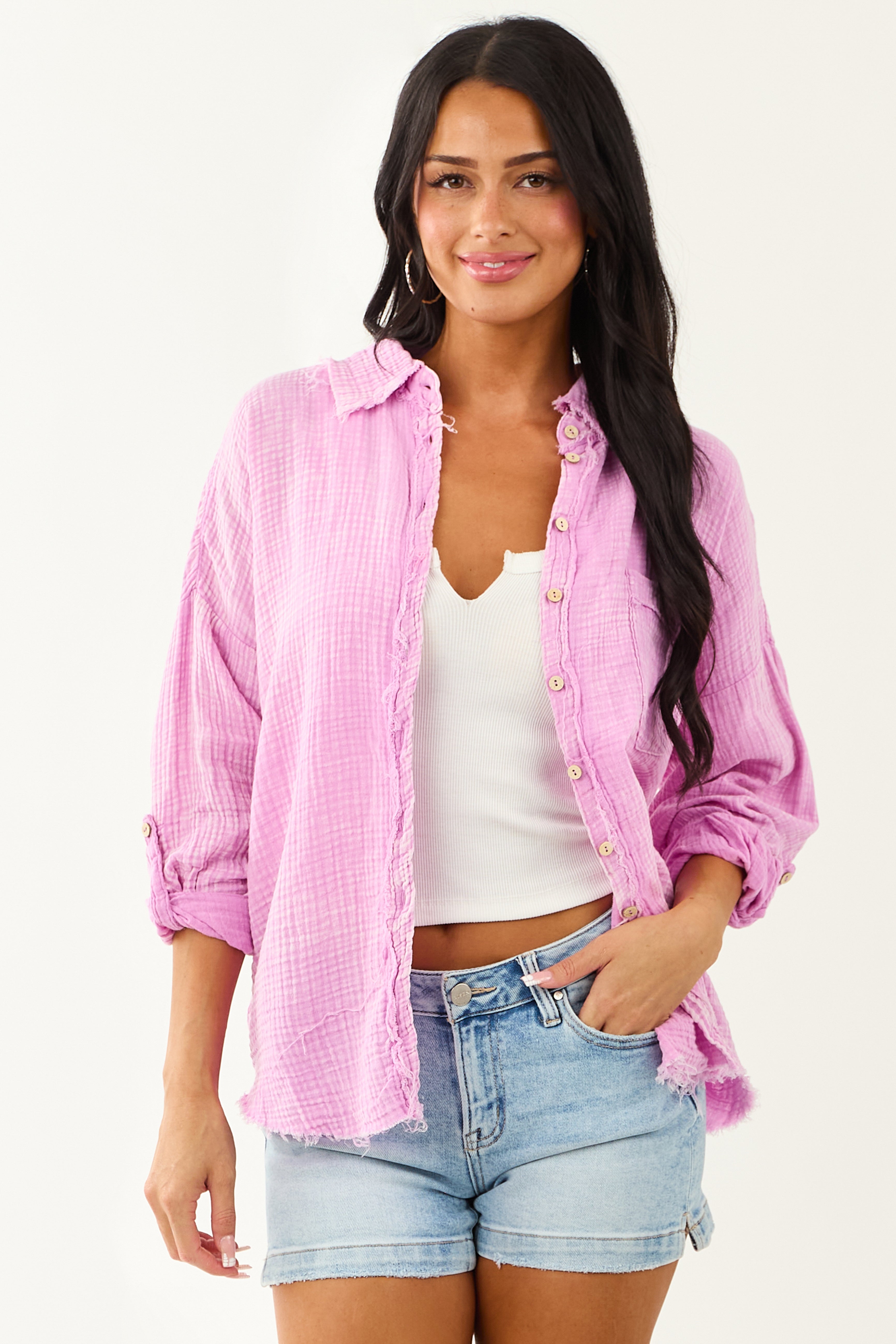 Orchid Washed Double Gauze Cotton Button Down Top