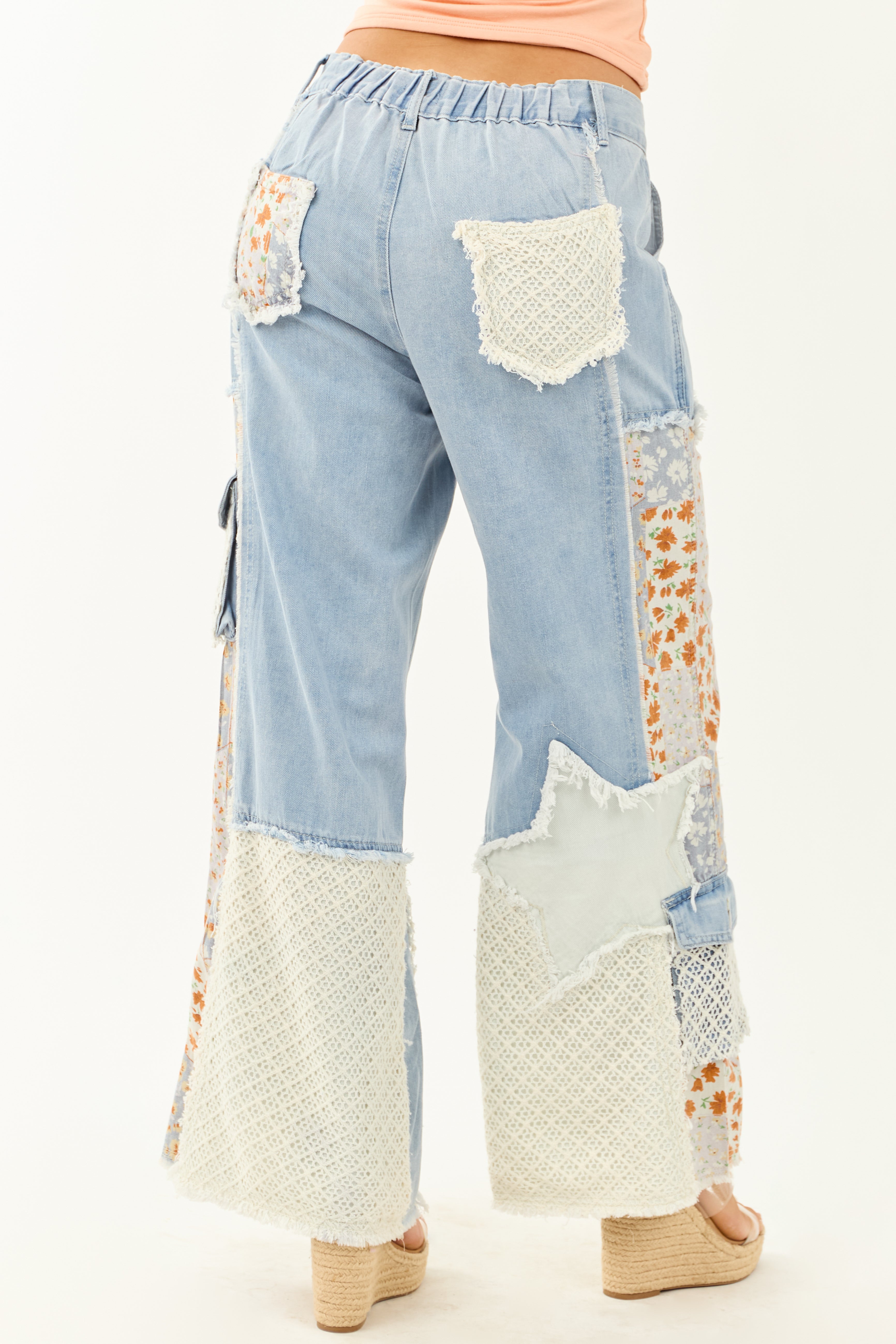 POL Medium Wash Patchwork Wide Leg Cargo Pants