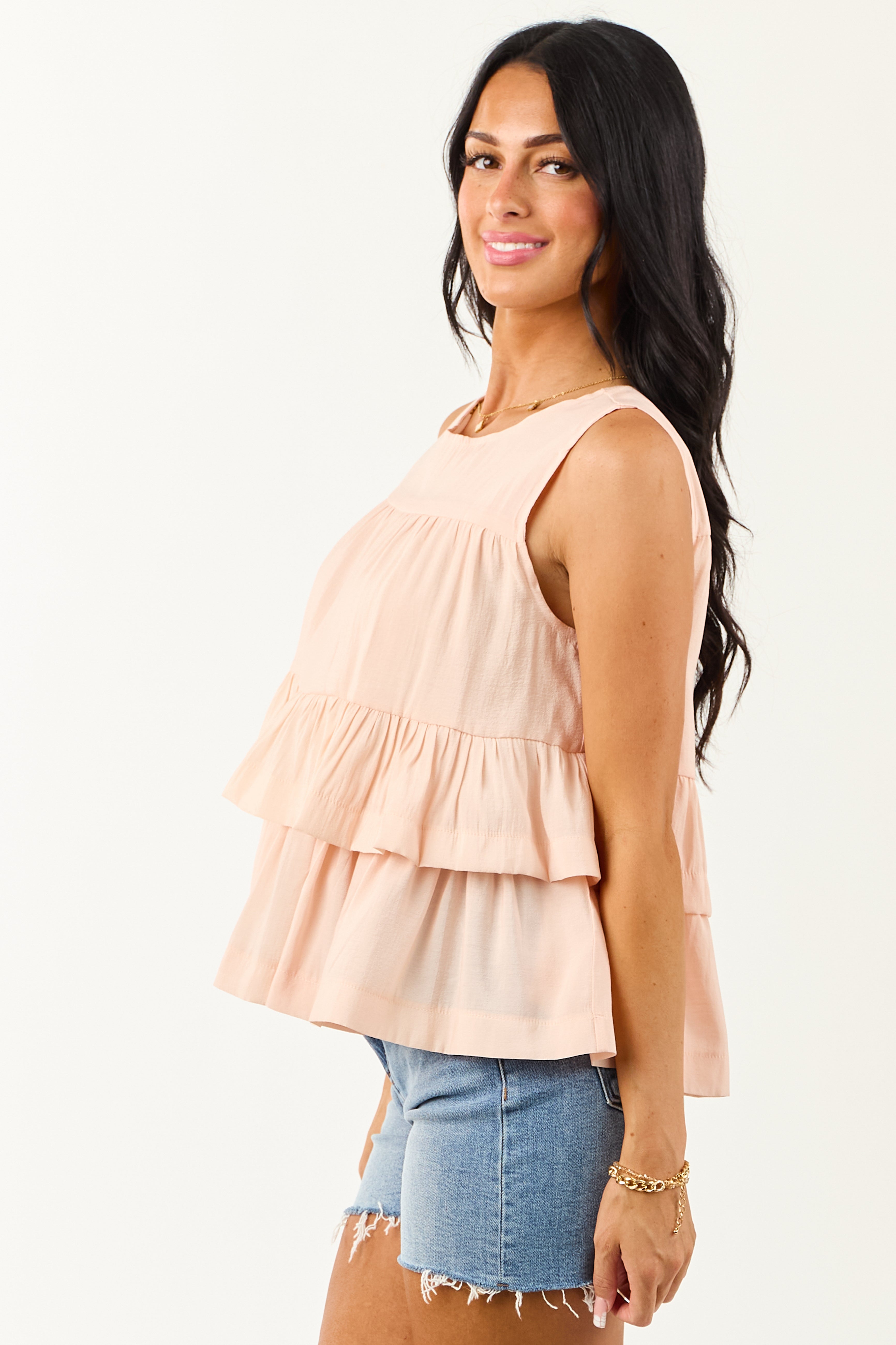 Peach Round Neck Tiered Ruffle Tank Top