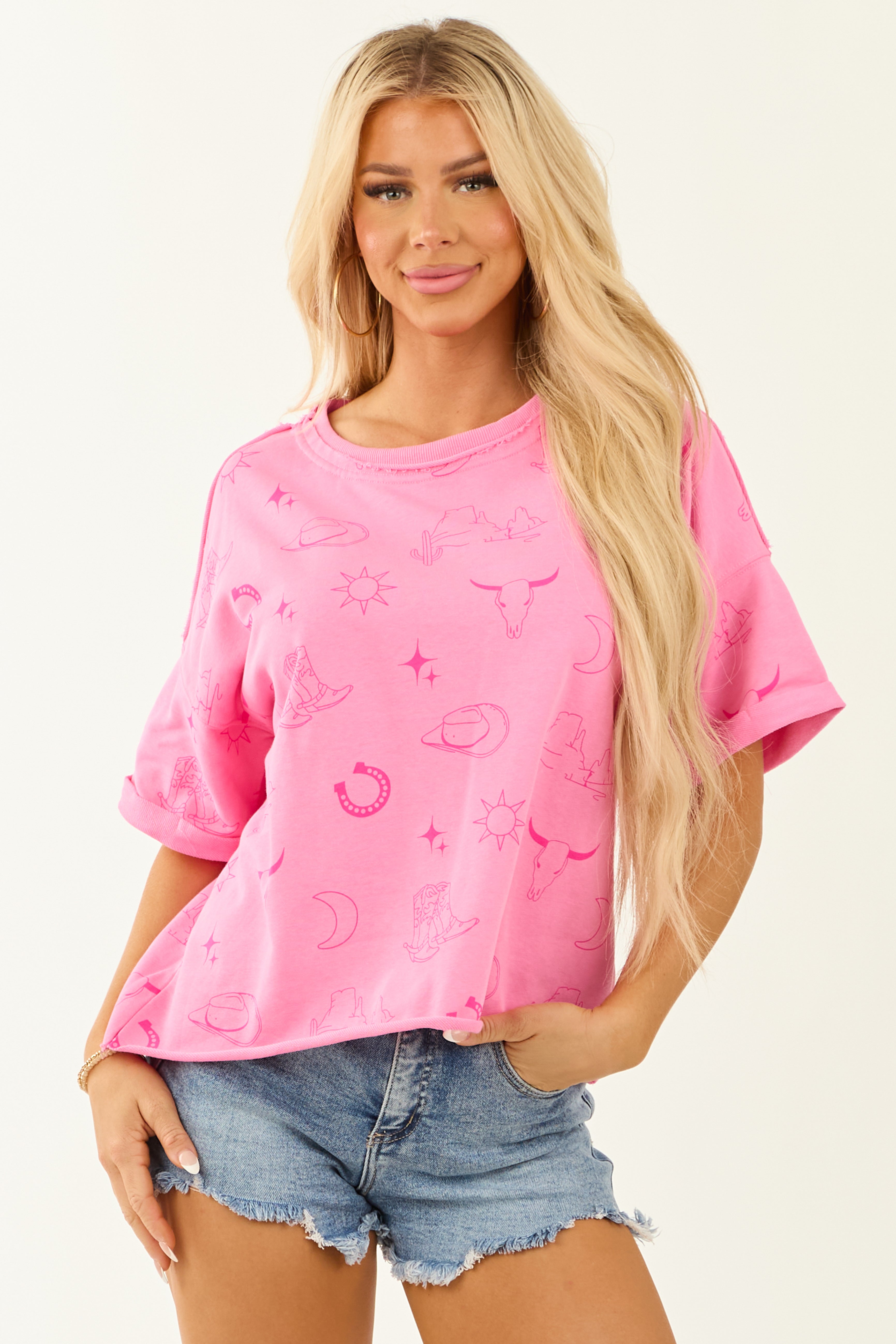 Fuchsia Western Print Short Sleeve Terry Top