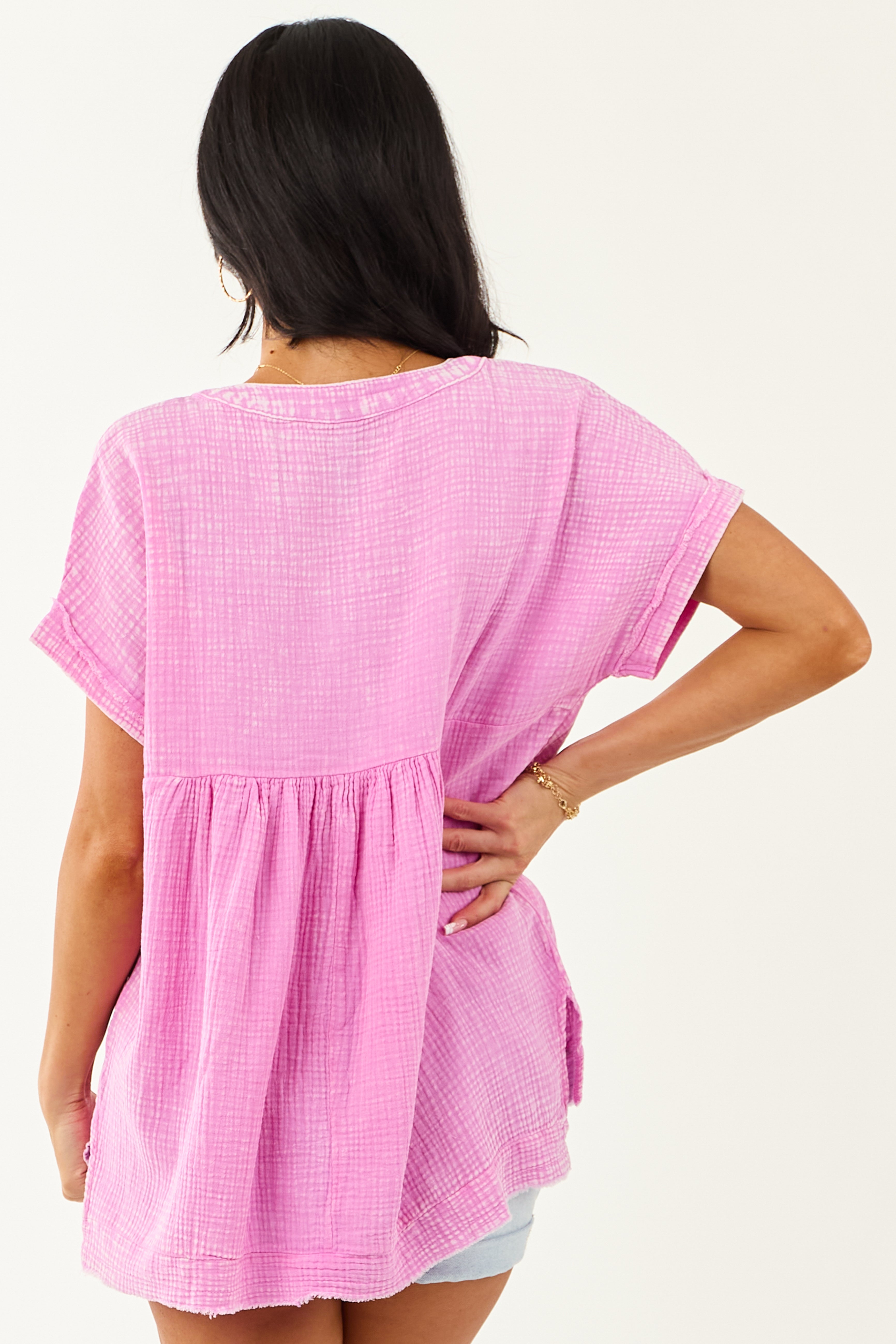 Orchid Washed Double Gauze Cotton Short Sleeve Top