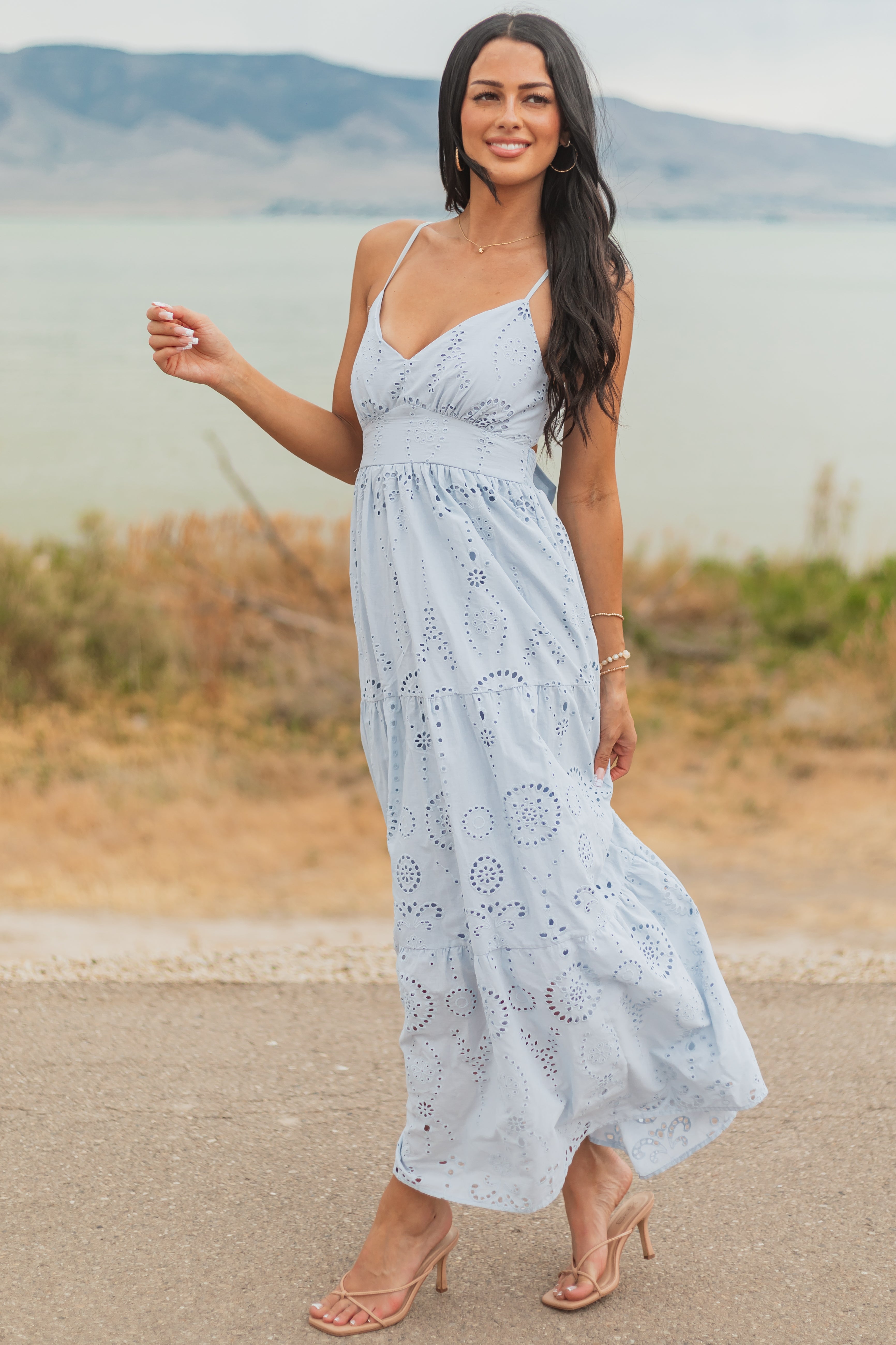 Sky Blue Floral Eyelet Sleeveless Cotton Maxi Dress