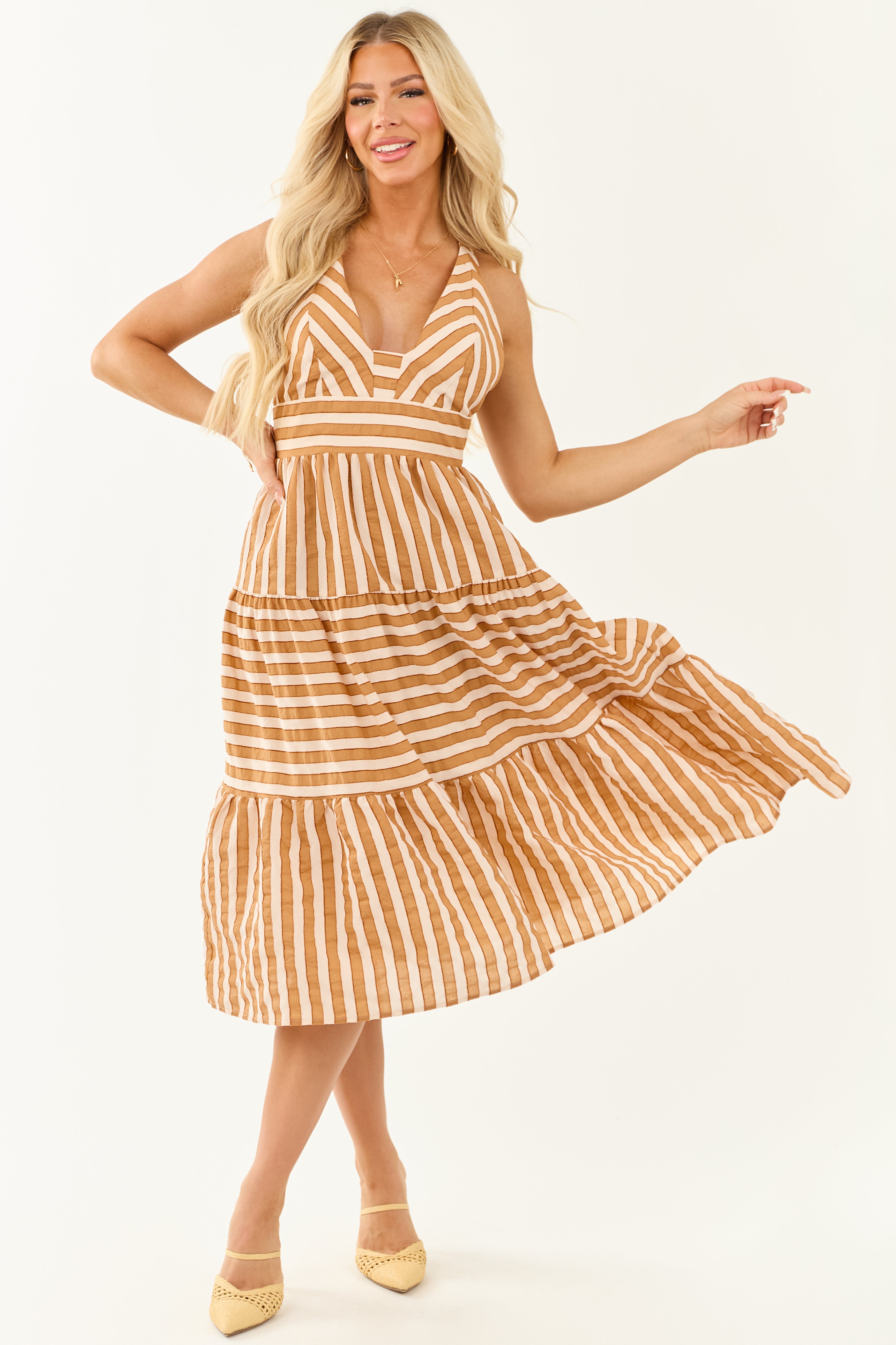 Brown Sugar Striped Sleeveless Midi Dress
