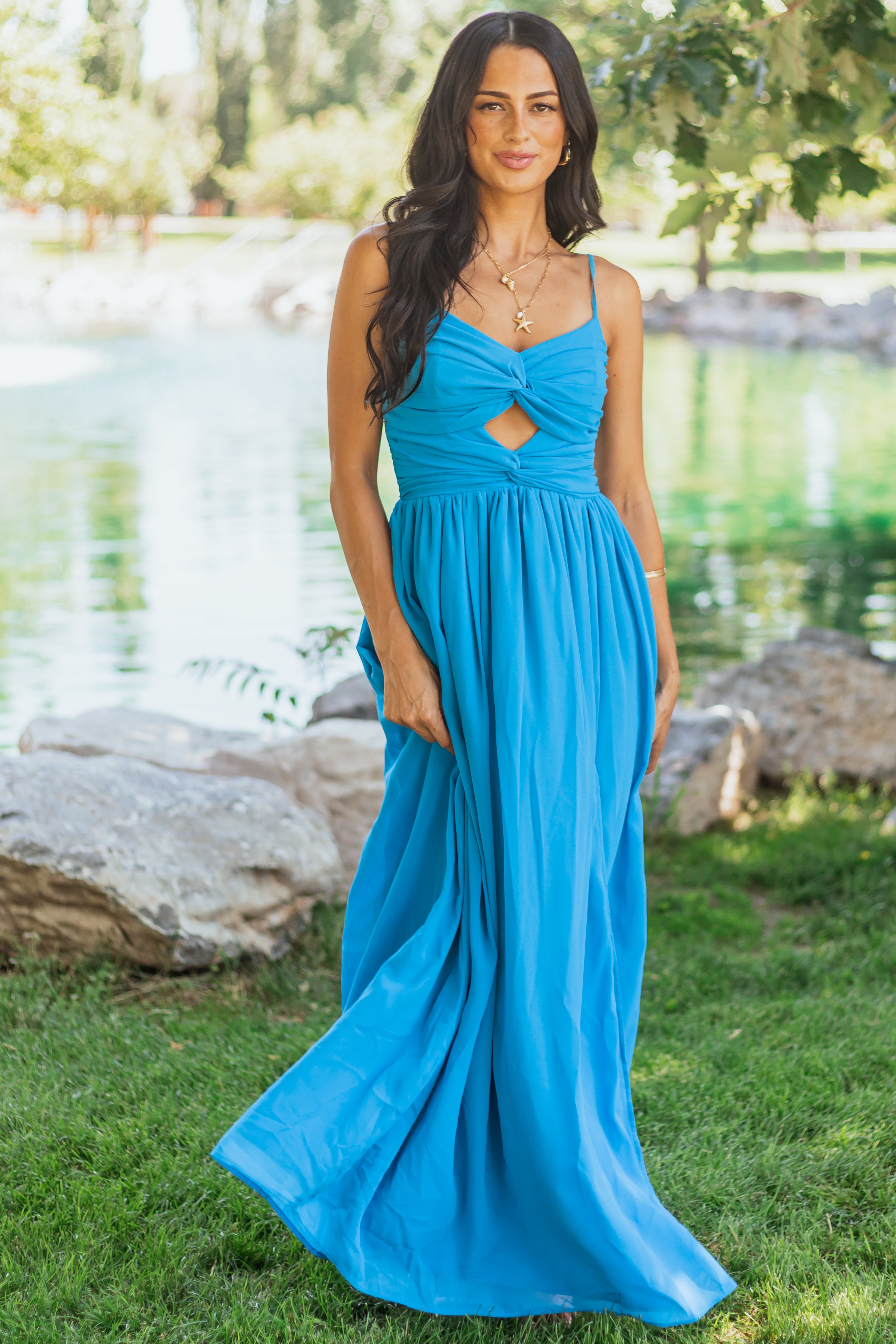Azure Flowy Chiffon Front Twist Maxi Dress