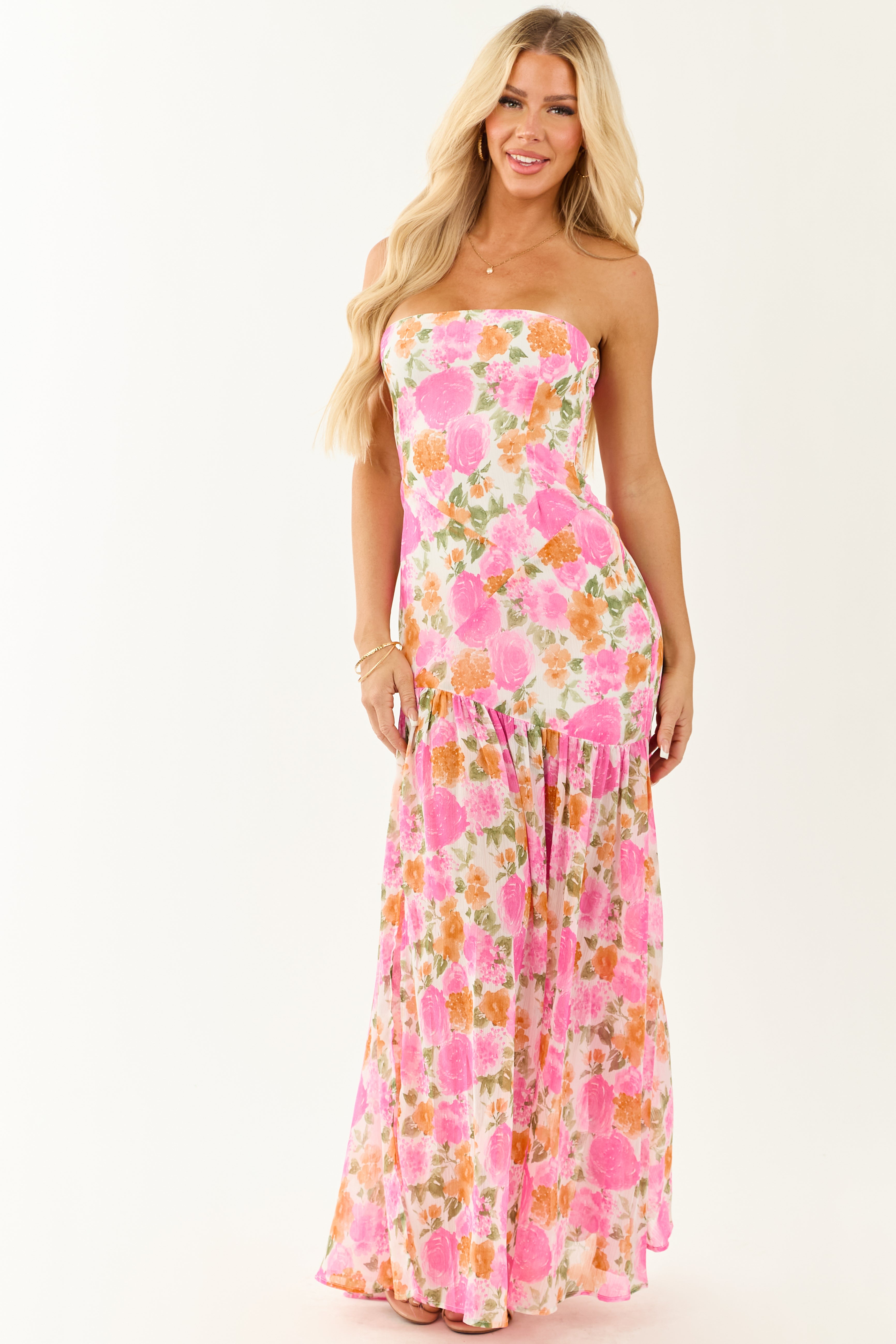 Fuchsia Floral Strapless Asymmetrical Maxi Dress